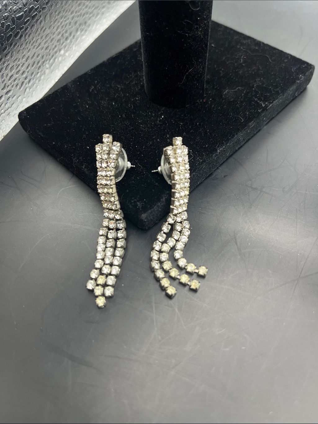 50s Vintage Clear Rhinestone Dangle Earrings Bling Silver Tone Set Prom 2”